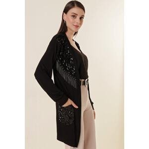By Saygı Sequins And Chain Detail Lycra Cardigan With Pockets Black.