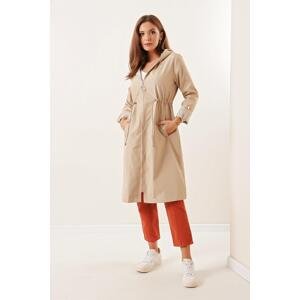 By Saygı Folded Sleeves Striped Waist Gathered Lined Hooded Trench Coat