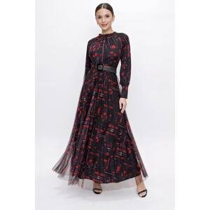 By Saygı Long Sleeve with Belted Waist Lined Tulle Pleated Long Dress Black