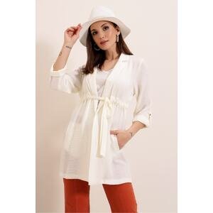 By Saygı Cream Front Lace up Linen Jacket with Fold Sleeve Pocket