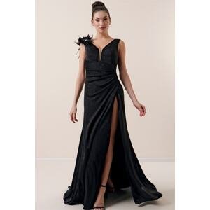 By Saygı One Shoulder 3D Floral Side And Back Gathered Lined Silvery Long Portofino Dress Black