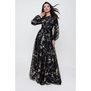 By Saygı Belted Waist Lined Patterned Long Tulle Dress Gold