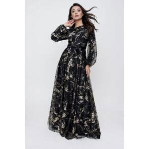 By Saygı Belted Waist and Lined Patterned Long Tulle Dress Gold