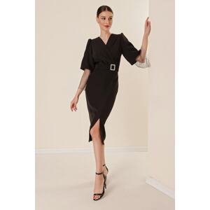 By Saygı Double Breasted Neck Waist Buckled Mesh Bead Detailed Balloon Sleeve Wide Body Interval Dress Black
