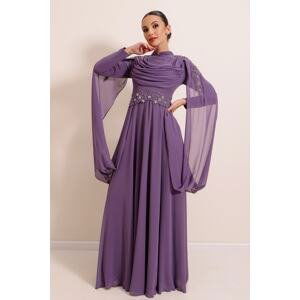 By Saygı Appliques Embroidered Detailed Lined Chiffon Hijab Dress Lilac