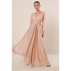 By Saygı Double-breasted Collar Lined Waist Belt Glittery Long Dress Gold