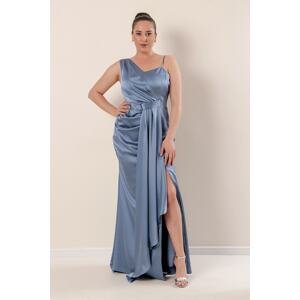 By Saygı One Side Rope Straps Front Gathered Lined Plus Size Long Satin Dress Indigo