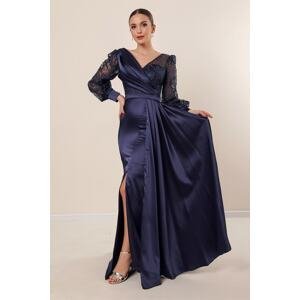 By Saygı Navy Blue Double Breasted Collar Long Satin Dress with Tulle Shimmer Embellishment and Front Pleat Lined.