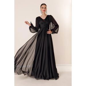 By Saygı Front Back V-Neck Front Draped Lined Long Tulle Dress