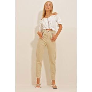 Trend Alaçatı Stili Women's Sand Beige High Waist Trousers