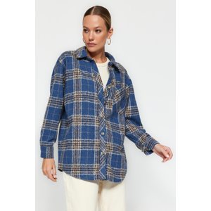 Trendyol Navy Blue Plaid Oversize/Wide Fit Woven Shirt