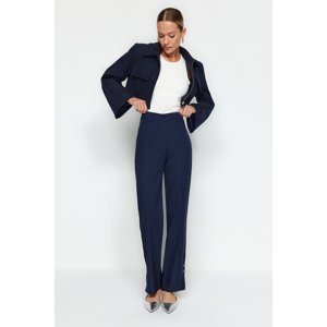 Trendyol Navy Blue Straight Cut Woven Leg Ring Detailed Ribbed Trousers