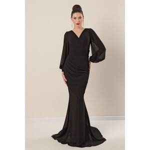 By Saygı Double Breasted Collar Front Gathered Lined Long Chiffon Dress Black