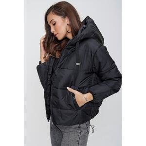 By Saygı Women's Black Inflatable Coat with Elastic Waist, Pocket and Lined Hooded