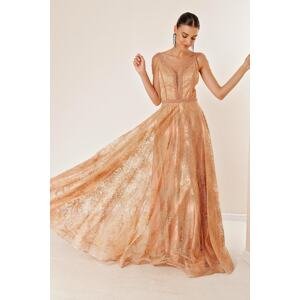 By Saygı Thin Straps V-Neck Bead Detailed Tie Back Lined Glitter Flock Printed Coral Long Dress Gold