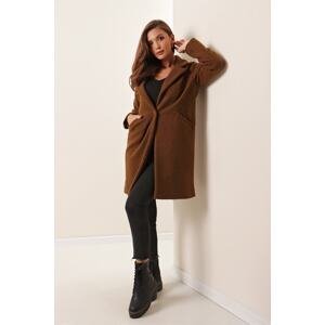 By Saygı Pocket Single Button Lined Boucle Coat Brown