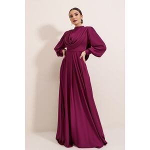 By Saygı Flowy Front Sleeves Button Detailed Lined Long Satin Dress Fuchsia