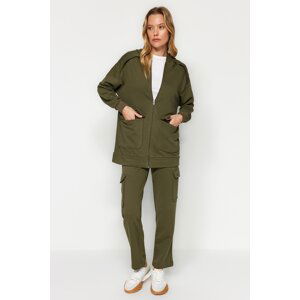 Trendyol Khaki Pocket Zippered Cardigan-Bottom Knitted Tracksuit Set