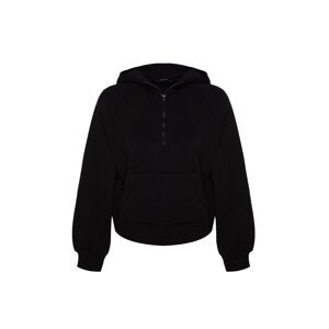 Trendyol Black Hooded Zipper Comfort Fit Crop Fleece Inner Knitted Sweatshirt