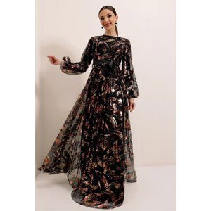 By Saygı Belted Waist Lined Gilded Long Dress Wide Size Range Black-gold