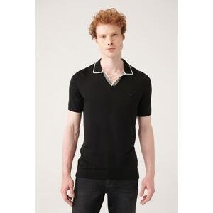 Avva Men's Black Button Unbuttoned Polo Neck Paw Stripe Detailed Ribbed Standard Fit Regular Cut Knitwear T-shirt A
