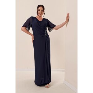 By Saygı Navy Blue Plus Size Lycra Silvery Long Dress With Chiffon And Stone Detailed Lining