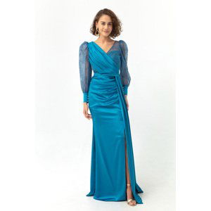 Lafaba Women's Turquoise Double Breasted Collar Silvery Long Satin Evening Dress.