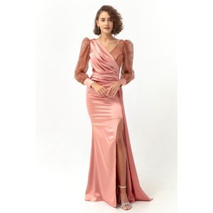 Lafaba Women's Salmon Double Breasted Neck Silvery Long Satin Evening Dress