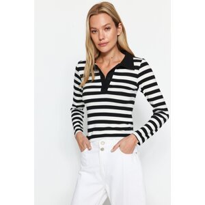 Trendyol Black Striped Soft Fabric Fitted Polo Neck Buttoned Stretchy Knitted Blouse