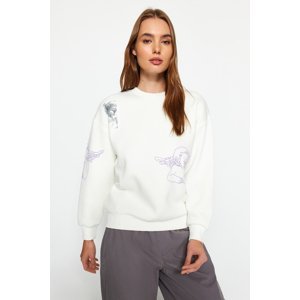 Trendyol Ecru Printed Regular/Normal Fit Fleece Inside Crew Neck Knitted Sweatshirt