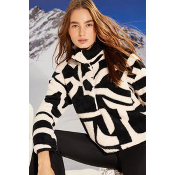 Trendyol Winter Essentials Black Thick Fleece Patterned Zipper Stand-Up Collar Knitted Sweatshirt
