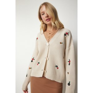 Happiness İstanbul Women's Cream Floral Embroidered Buttoned Knitwear Cardigan