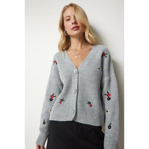 Happiness İstanbul Women's Gray Floral Embroidered Button Knitwear Cardigan