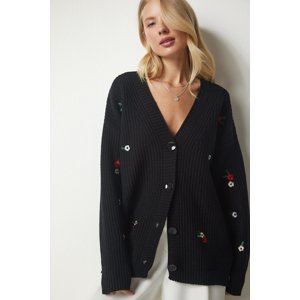 Happiness İstanbul Women's Black Floral Embroidered Buttoned Knitwear Cardigan