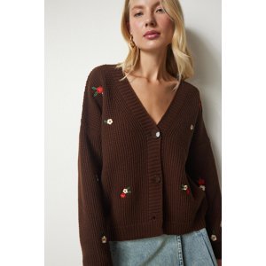 Happiness İstanbul Women's Brown Floral Embroidered Buttoned Knitwear Cardigan