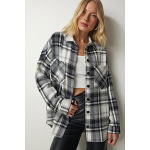 Happiness İstanbul Women's Black and White Patterned Oversize Cachet Lumberjack Shirt