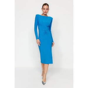 Trendyol Blue Fitted Knitted Draped Elegant Evening Dress