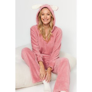 Trendyol Pink Wellsoft Hood Ear Detailed Sweatshirt-Pants Knitted Pajamas Set