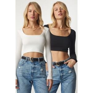 Happiness İstanbul Women's Black and White Boat Neck 2 Pack Crop Blouse
