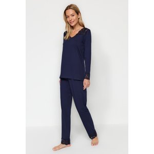 Trendyol Navy Blue 100% Cotton Lace Detailed Tshirt-Pants Knitted Pajamas Set