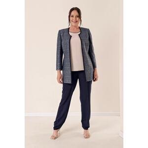 By Saygı Long Jacket Stone Embroidered Trousers Trio Suit Navy Blue