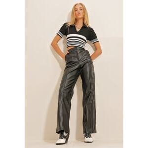 Trend Alaçatı Stili Women's Black Patchwork Front Double Pocket Faux Leather Palazzo Trousers
