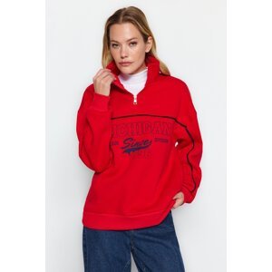 Trendyol Red Zipper Printed Oversize Thick Fleece Knitted Sweatshirt