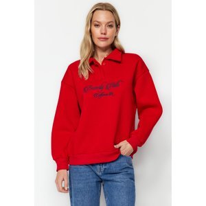 Trendyol Red Shirt Collar Embroidered Regular Fit Fleece Inside Knitted Sweatshirt