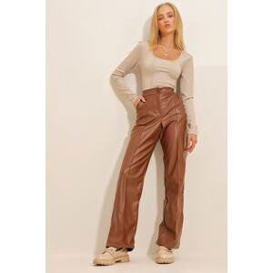 Trend Alaçatı Stili Women's Tan Blue Front Double Pocket Faux Leather Palazzo Trousers