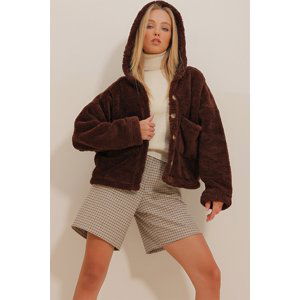 Trend Alaçatı Stili Women's Bitter Brown Hooded Double Pocketed Plush Coat