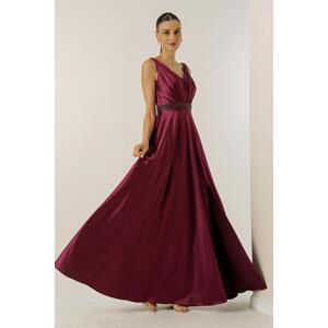 By Saygı V-Neck Thick Straps Waist Beaded Lined Wide-body Interval Long Satin Dress