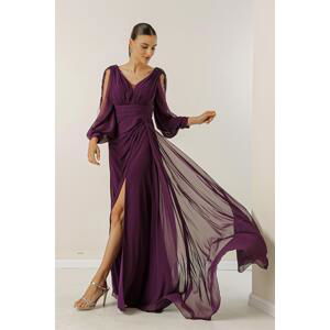 By Saygı V-Neck Front Draped Lined Sleeves Tulle Guipure Detailed Wide Body Interval Chiffon Long Dress