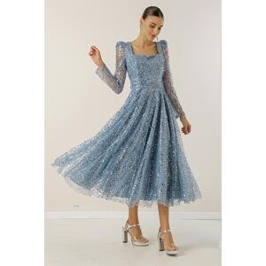 By Saygı Square Neck Long Sleeve Lined Stitching Beaded Dress