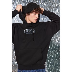 Trendyol Men's Black Oversize/Wide-Fit Hooded Shiny Printed Sweatshirt